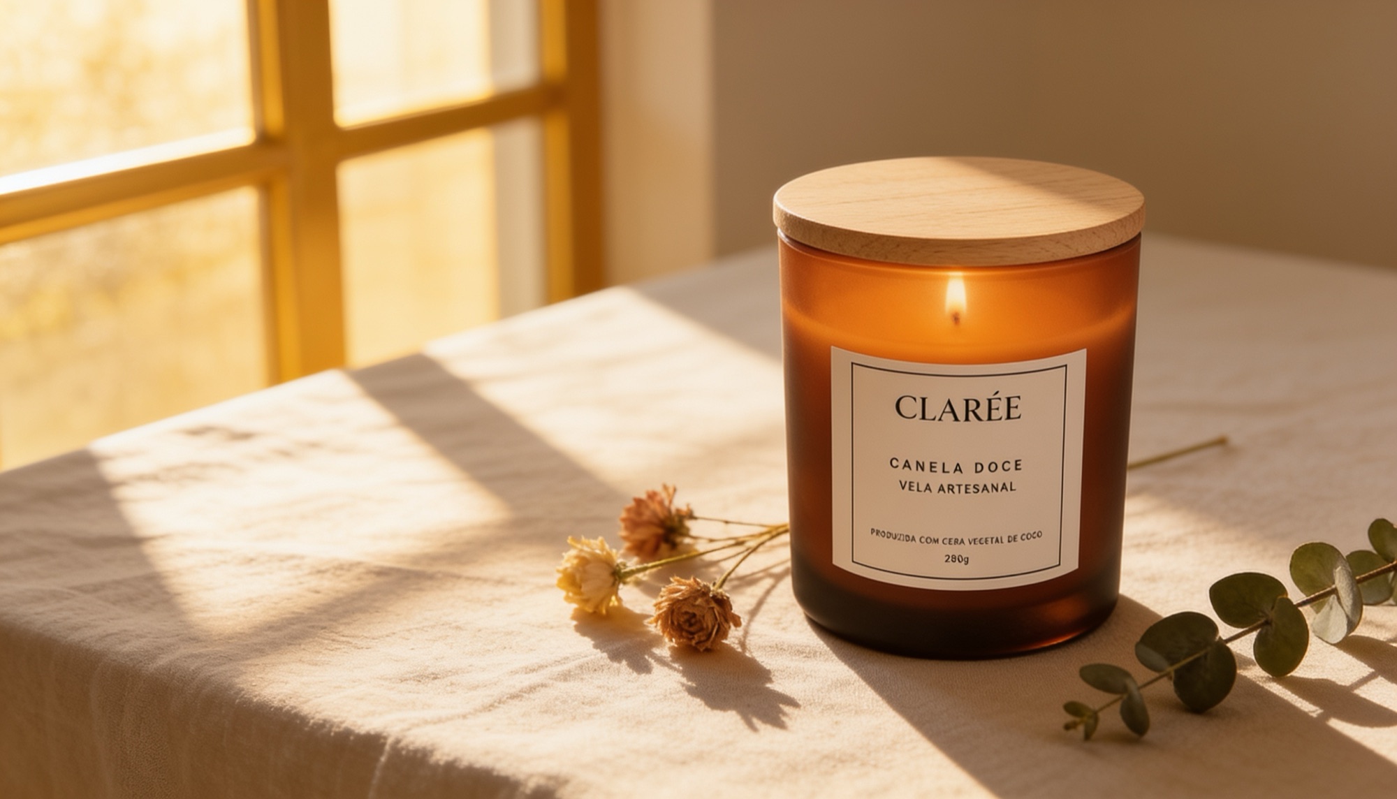Clarée — vela artesanal acesa em ambiente aconchegante